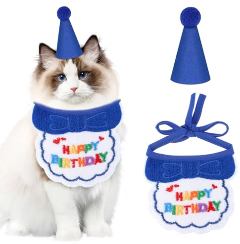Classicseali Geburtstagshut für Katze, niedlicher Partyhut, verstellbar, bestickt, Katzen-Geburtstagstuch, Bandana mit Lätzchen, für Mädchen, Jungen, Kätzchen und Hunde, Partyzubehör, Dekorationsset