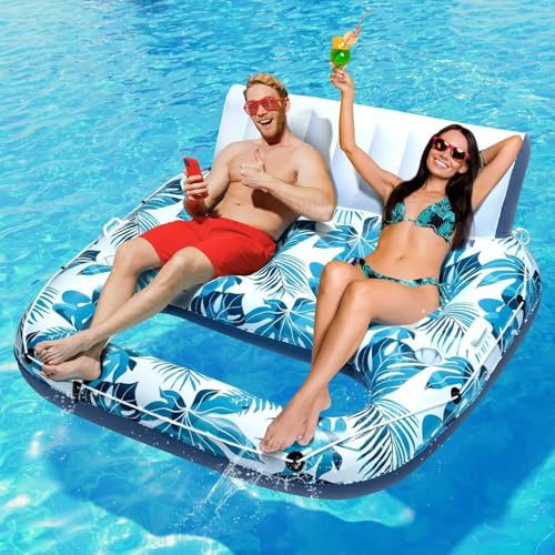 Nordreach Lilo Pool Inflatables, Inflatable Pool Floats for 2 Adults, 4 in 1 Swimming Pool Floats Blue Tropical Style Hammock Sunbathing Tanning Pool for Lazy River Beach
