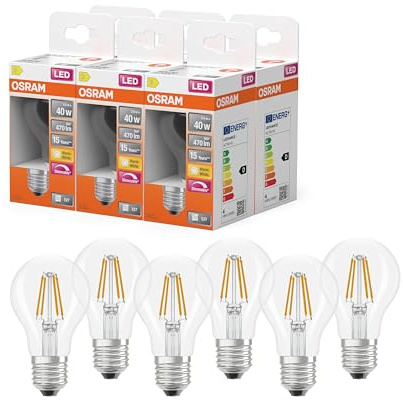 Osram Lampe LED Superstar forme d'ampoule A40 filament dimmable, 2700 K blanc chaud, 3,4 W, E27, transparente, 470 lm, pour plafonniers et lampadaires, 15 000 h,6-Pack