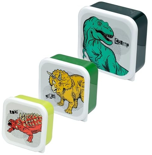 eMKay® Dinosaur Lunch Box Set of 3 – Stackable Food Storage Containers (350 ml/550 ml/800 ml) | BPA‑Free Polypropylene Snack Pots – Nesting Lunchboxes for Kids & Adults