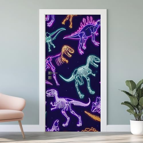 Dinosaurier Türfolie Selbstklebend, Neon Dino Skelett 3D Fototapete Türposter, Kinderzimmer Türtapete Vinyl Wasserfest für Schlafzimmer Wohnzimmer Küche 90x200 cm W4v123