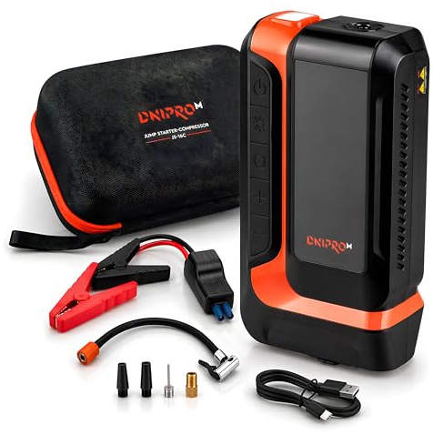 DNIPRO-M Starthilfe mit Luftkompressor JS-16C – 12V Jump Starter mit 2000A Spitzenstrom und 16.000 mAh – Tragbarer Reifenfüller bis 150 PSI, Luftkompressor, USB-C Powerbank und LED-Taschenlampe