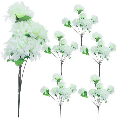 Toyvian Künstliche Chrysanthemensträuße Weiß 6 Stück-bündel für Friedhof | Seidenblume mit Kunststoff, 7 Köpfe Je Bündel, Realistische Gedenkblumen als Grabdekoration