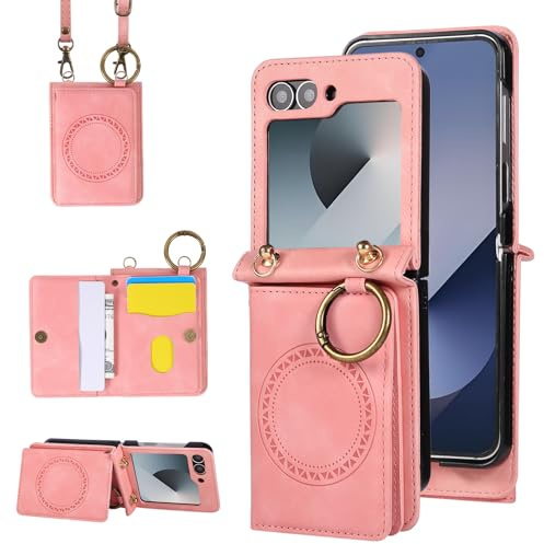 Compatible with Samsung Galaxy Z Flip 6 5G 2024 Wallet Case and Crossbody Shoulder Strap Ring Buckle Stand Card Holder Magnetic Car Mount Phone Cover for ZFlip6 Z6 G Flip6 ZFlip 6Z Women Men Rose Gold