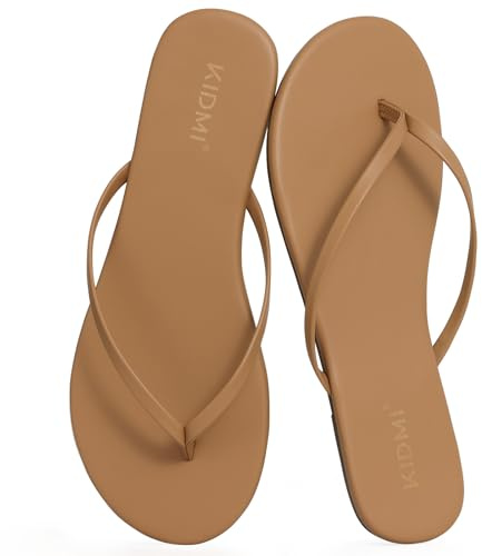KIDMI Thong Flip Flops for Women - Memory Foam Summer Beach Sandals for Women - Vegan Leather Flat Sandals, Taupe EU 39