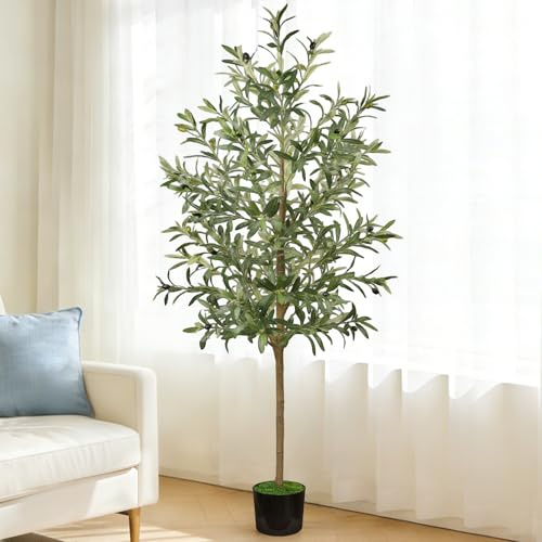 Artificial Olive Tree 6FT, Faux Olive Tree with Realistic Natural Trunk, Lifelike Leaves & Fruits, Large Indoor Olive Tree with Sturdy Black Planter, Fake Olive Tree for Home Living Room Decor, 180cm