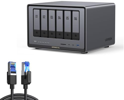 UGREEN NASync DXP6800 Pro 6-Bay NAS + 2M Cat 8 Ethernet Cable, Intel i5 1235U 10-Core,8GB DDR5,128G SSD,2×10GbE,2×M.2,8K HDMI,2×TBT4 |40Gbps 2000Mhz Flat Braided RJ45 LAN Cable Diskless