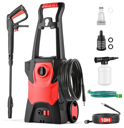 2000W Hidrolimpiadora de Alta Presion,Max150 Bar Hidrolimpiadora de Alta Presion Portátil con Cañón de Espuma y Manguera de 10M,con Estante Superior, Incluye Cepillo para Coche,