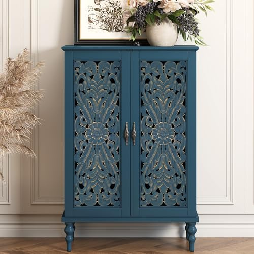 HOLTICO Tall Sideboard Cabinet with 2 Doors, Vintage Hollow Floral Carving Accent Cabinet, Blue Wooden Buffet Storage Sideboards for Living Room, Dining Room, Hallway