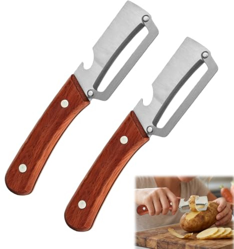 Lot de 2 éplucheurs multifonctionnels pour légumes et fruits - Éplucheur en acier inoxydable avec poignées en bois massif qui combinent la fonction d'épluchage et d'ouvre-bouteille en un.