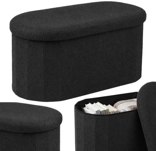 Relaxdays bänk, teddytyg, förvaringsutrymme, stoppad, hall, svart | Sovrum, HBT: 38x76x38 cm, bouclé-sittkista