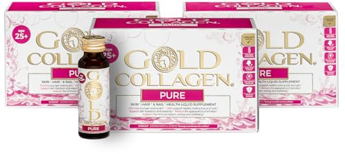 GOLD COLLAGEN Pure - Integratore Liquido Collagene Marino Capelli Pelle Unghie Antirughe Sistema Immunitario e Formazione Collagene con Acido Ialuronico, Vitamina C E B6 Biotina Zinco, 3 Pack 10x50 ml