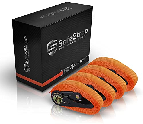 SafeStrap Cinghie a Cricchetto - Robuste Cinghie di Fissaggio con Tüv G/S - Conformi Alla Normativa EN 12195-2 - 4 m Cinghie di Fissaggio con Cricchetto - Cinghie Moto Bagaglio