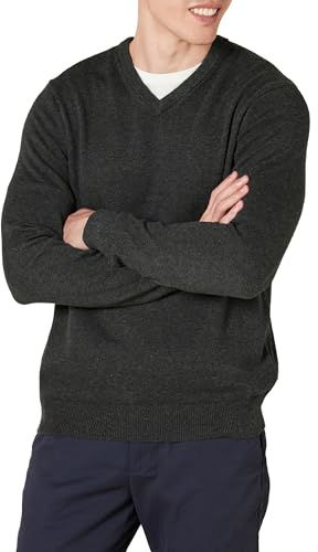Amazon Essentials Herren V-Ausschnitt Pullover aus Baumwolle, Normale Passform, Charcoal Heather, M