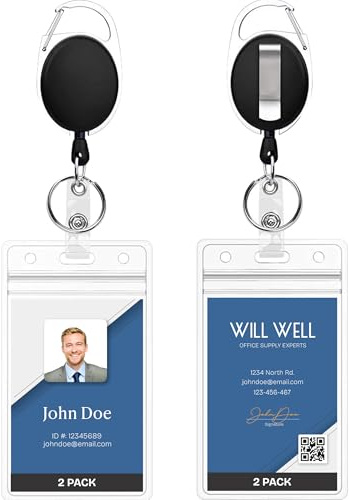 Will Well ID Badge Holders with Clip and Keyring - Vertical Clear Plastic 2.52 x 3.58 Sleeves Fit Up to 3 Cards - Retractable 24 UHMWPE Fiber Pull Cords for Easy Access - 2-Pack, Black Reels