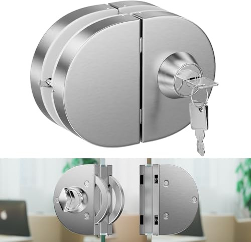 Ranbo Frameless Double-Sided Glass Door Lock, No-Drill, 304 Stainless Steel, Suitable for 3/8''-1/2''(10mm-12mm) Sliding Glass Doors, Office Doors, Commercial Doors, Includes 3 Keys, Brushed.