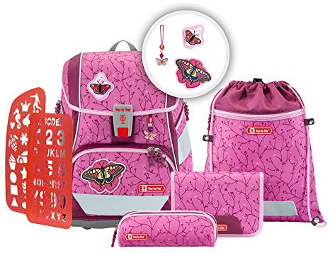 Step by Step Schulranzen-Set 2IN1 Plus „Butterfly Lina“ 6-teilig, rosa-pink, ergonomischer Tornister mit Reflektoren, höhenverstellbar mit Hüftgurt für Mädchen ab der 1. Klasse, 19L