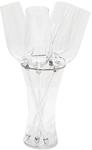 Vetrina 5-Piece Toasting Set, Unique, Crystal Glass, In Satin-Lined Gift Box, For Elegant Celebration Glassware, Silver, 10 Tall, Includes 4 Flutes & 1 Vase