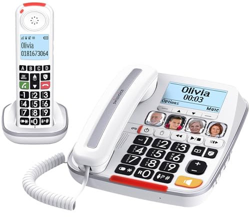 SWISSVOICE - Xtra 3355 Combo - DECT - Corded Telephone Cordless Handset - Large Keys Answering Machine - Audio Boost - Loud Ringtones - Hearing Aid Compatible - Call Block - White