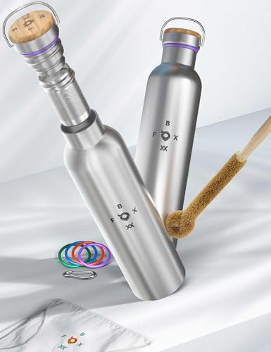 FOXBOXX 𝗙𝗢𝗫𝗕𝗢𝗫𝗫 Trinkflasche Isoliert | 1 Liter - Edelstahl Premium | TEE-Sieb + BIO-Bürste + Dichtungen 5 Farben + Karabiner + Tasche/Thermosflasche | gebürstet - matt satin