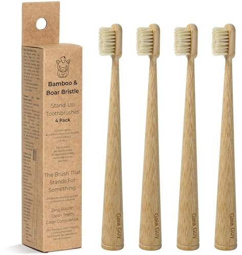 Gaia Guy Lot de 4 brosses à dents en bambou et poils de sanglier | Poils de sanglier naturels | Sans plastique, poignée debout | Soins bucco-dentaires minimalistes et à faible gaspillage
