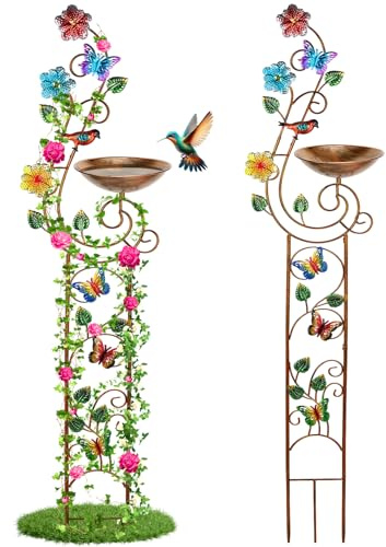 YADOOLIFE 57” Bird Bath with Garden Trellis for Climbing Plants Outdoor, Small Decorative Trellises Metal Birdbath Bird Baths, 1 Piece (Butterfly)