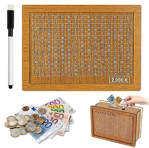 Spardose Holz - Sparbox Mit Zahlen Ankreuzen, Retro Sparbüchse, Kinder Sparziel, Wiederverwendbar Mit Sparziel Und Zahlen Zum Ankreuzen (2000€)