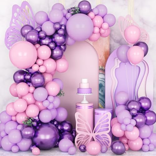 Kit Arco de Globos Rosa y Morado, 133pz Rosa Decoración Cumpleaños Arco Para Niñas y Metálicos Morados Globos para Mujeres Fiestas ye Cumpleaños Aniversario Bodas Decoración