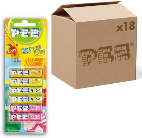 PEZ Refill Pack, Exotic Flavour Mix, Retro Vegetarian Gift Sweets, 6 x 8.5 g (Pack of 18)