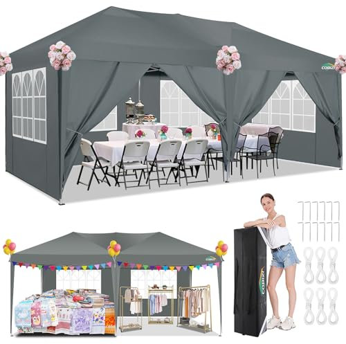 COBIZI Pavillon 3x6 Wasserdicht Faltpavillon mit 6 Seitenteilen Freiluft Faltpavillon Stabile UV-Schutz 50+ Pop Up Gartenpavillon Partyzelt für Freien, Garten, Party, Hochzeit, Markt (3x6m Grau)