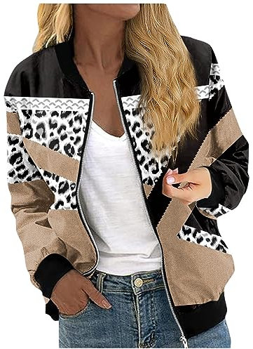 Women Jacket Motorbike Jacket Rain Jacket Women Pattern Printed Crew Neck Bomber Jacket With Pockets Zip Up Running Jacket Lightweight Motorbike Jackets Wax Jackets Womens (Leopard Print, Xl)
