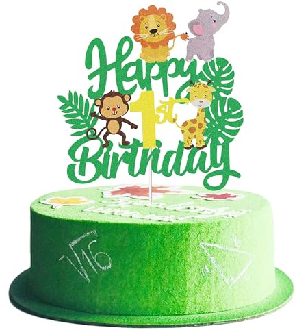 Joyeah Happy 1st Birthday Jungle Animal Cake Topper Jungle Animals Cake Decoration Wild One Forest Theme Lion Elephant Monkey Cake Topper for Birthday Party Decorations Supply