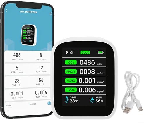 8-in-1 Luftqualitätsmesser für den Innenbereich, CO2-Detektor, für Tuya Smart WiFi Luftqualitätsmonitor, PM2.5, PM10, PM1.0, HCHO, TVOC, Temperatur und Luftfeuchtigkeit mit Alarm