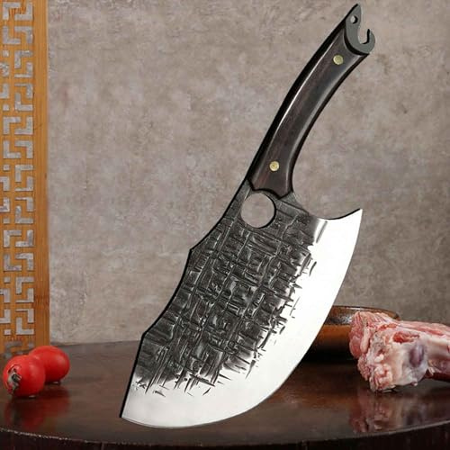 Muxel Metzgermesser Hackmesser Fleischerbeil schwer mit gebogener extradicken Klinge mit Lederscheide. Ideal für Deine Outdoor Abenteuer