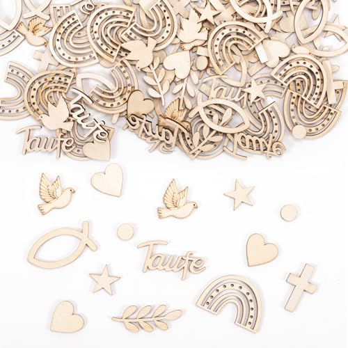 Streudeko Taufe, 180 Stück Tischdeko Taufe Junge Mädchen, Holzherzen Holzfische Regenbogen Streudeko Holz Taufe Deko für Firmung Kommunion Konfirmation Babyshowerparty Taufdeko