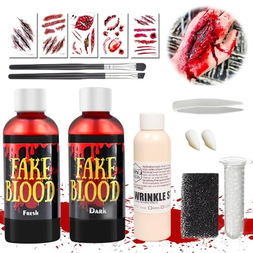Yi'antai Halloween Make Up Set, 60ml Frisches Blut + 60ml Gealtertes Blut + 30ml Latexmilch + Vampirzähne + Make-up-Pinsel und Schwämme