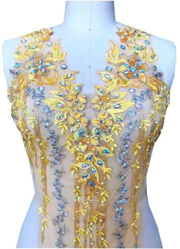 Spitzenapplikation, 3D-bestickte Spitzenapplikation, 3D-geprägte Perlen, Strass-Applikation, DIY-Bastel-Ausschnitt-Ansteckblume for Hochzeits- oder Ballkleid(Gold)