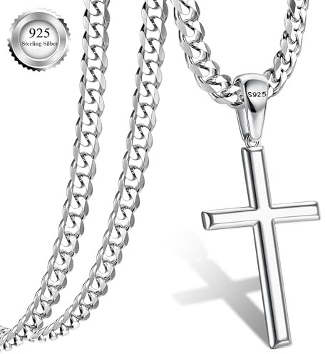 YADOCA Silver Cross Necklace for Men, 925 Sterling Silver Men's Necklaces 5mm Strong Stainless Steel Diamond Cut Cross Chain Mens Cross Necklace Crucifix Necklace 51cm