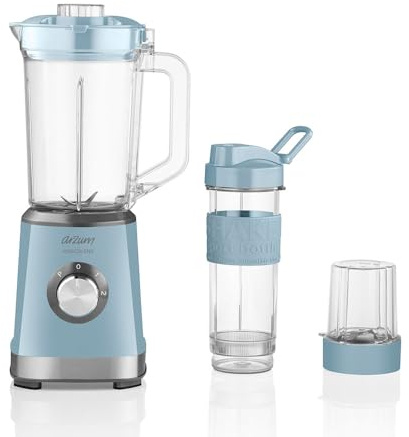 AR1159 Arzum MagicBlend Jug Blender, 500W, Detachable Ice-Crushing Stainless Steel Blade, 2 Speeds and Pulse Mode, 1200ml Jar & 570ml Bottle, Grinder Accessory, Blue