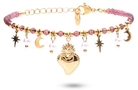 Enrico Coveri Bracciale Donna Cuore Sacro,Braccialetto Rosa in Acciaio Dorato Pendenti e Perline