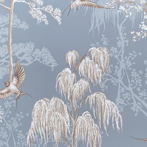 World of Wallpaper Japanese Garden, Slate Blue (E100339AH) | Easy to apply wallcovering, Feature Wall, Birds, Cherry Blossom, Wisteria, Asian, Living Room (10m x 53cm roll)