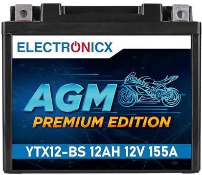 Electronicx YTX12-BS AGM Motorradbatterie 12V 12Ah – Wartungsfrei, Rüttelfest, +30% Startleistung – Perfekt für Motorräder, Roller & Quads – Hohe Kapazität, Ideal für ABS-Systeme