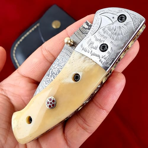 CRAFTOMATIK Adler Damast Stahl Taschenmesser | Klappmesser | Gravierte Edelstahl, Kamelknochen, Mosaik Stift Griff | Handgefertigt Outdoor Damastmesser Camping Messer | FK28-YW