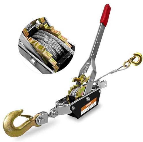 KITUYOTO Come Along Winch Tool 1T, 2 Gear Come Along Power Ratchet Puller Tool with Cable 2 Hooks, Cable Winch Puller for Construction, Moving, Securing, Automotive