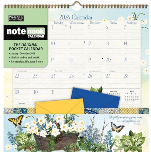 WSBL Botanical Gardens 2026 Note Nook Wall Calendar – 12-Month Organizer Calendar with Dual Storage Pockets, Floral Artwork by Barbara Anderson, 12″ × 12.125″