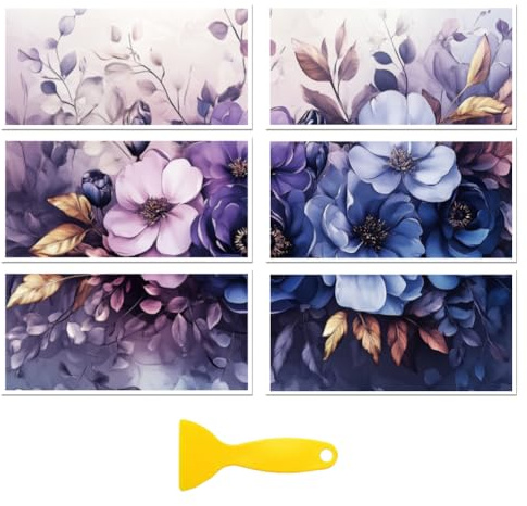 Peacoblue UV DTF Rub-On Transferfolie Möbel-Sticker Zarte lila Blumen Muster 15x30cm, 3 Stk. Wasserfeste Deko-Transferaufkleber für Möbel Glas Gläser Porzellan Wäscheschränke Kommoden | 3er Set UV DTF Transfersticker 15x30cm, Wasserfeste Dekorfolie für Möbel, Schubladen, Holz, Glas und Keramik