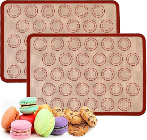Mat for Macarons, 2 Pieces Non-Slip Baking Mat, Non-Stick Reusable, for Macarons, Biscuits, Bread, Pizza Mat,Red