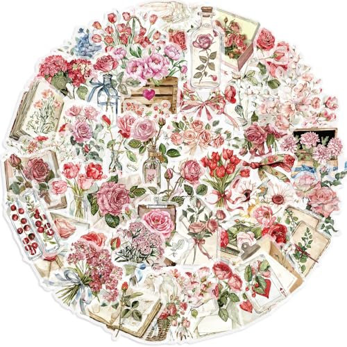 Blumen Aufkleber INS Spring Floral Stickers – 50 Stück Stylische PET Aufkleber für Rosen, Ästhetische Niedliche transparente Laptop-Sticker, Wasserdichte Sticker für Scrapbook/Planer/Trinkflasche