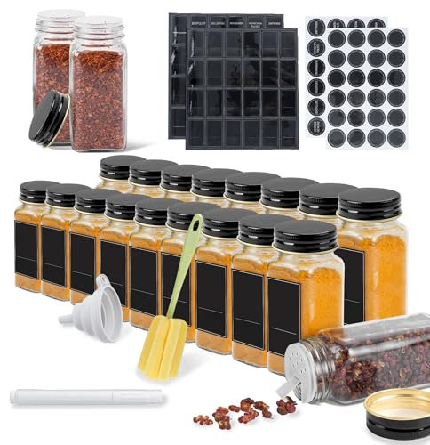 HENGMEI Set di 12 barattoli rettangolari per spezie, 120 ml, contenitore per spezie, spezie con imbuto, adesivi vuoti, spazzola per la pulizia, setacci, coperchio in alluminio nero