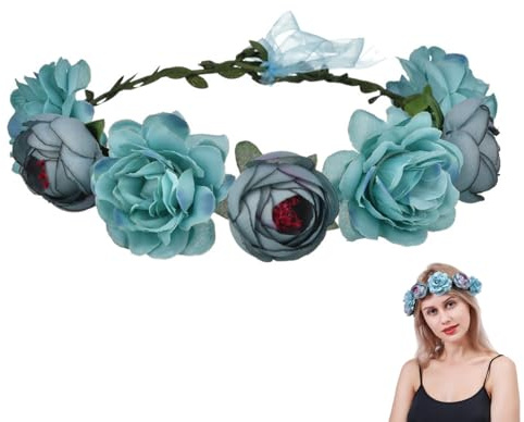 Heanvmyss Couronne de Fleur,Cheveux Boheme Couronne de Rose,Wedding Floral Guirlande Couronne Demoiselle,Fleur Bandeau Réglable pour Femmes Filles Party Festival Beach Travle Mariage(Bleu)
